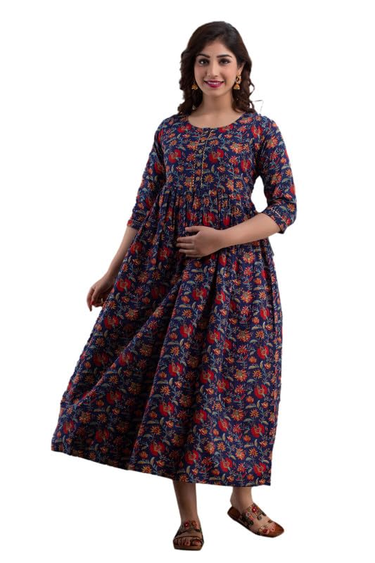 Women Cotton Printed Maternity Gown | Western Dress with Zippers for Nursing Pre and Post Pregnancy Kurta | Feeding Kurti | Blue-image-31
