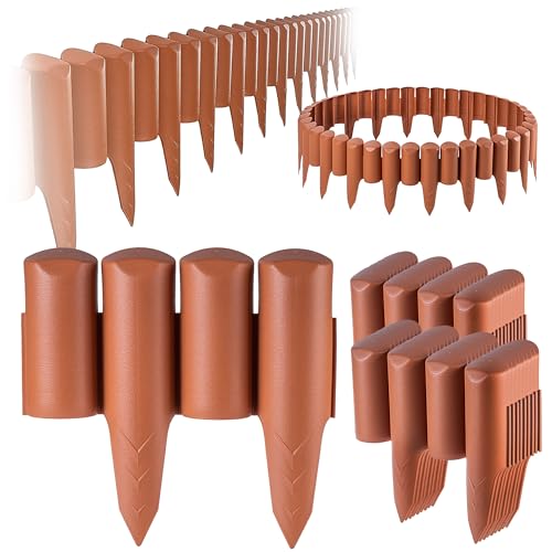 KADAX Palizzata da giardino in plastica, palizzata per fiori, bordo decorativo per prato, bordatura per aiuole con spiedino, bordo in legno (terracotta, 5 m)
