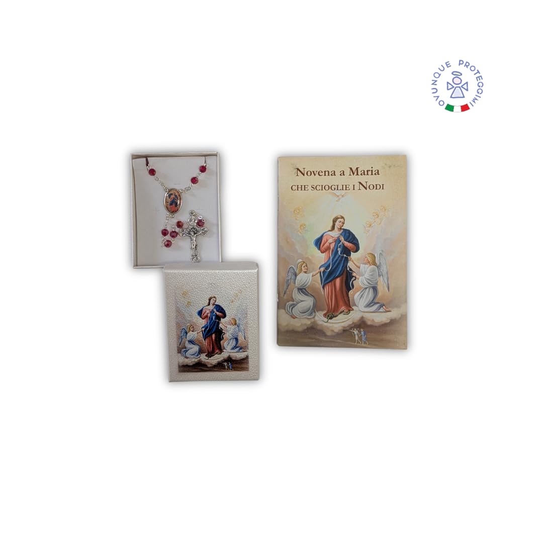 Rosario Madonna che Scioglie i Nodi, Con Libretto Novena e Preghiera e Porta Rosario, Semi Cristallo Rosso, Set Corona Maria che scioglie i Nodi.