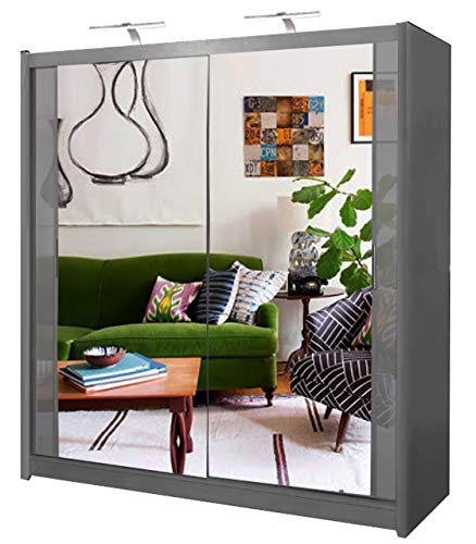 Mirror Double Sliding Door Grey Wardrobe 2 LED Light Option 90/120/150/180/203cm (120cm)