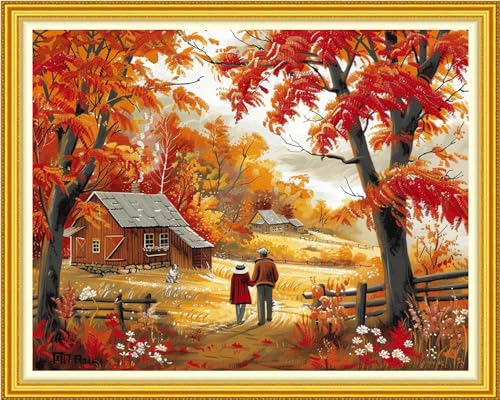 Image of Funchey Stamped Cross Stitch Kits, DIY Cross Stitch Pattern for Adults Beginners Needlepoint Kits Embroidery Kit Arts and Crafts 11CT-Autumn Outing for Couples 16x20 inch