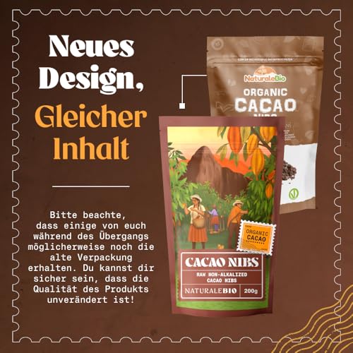 NaturaleBio Roh Kakao Nibs 1Kg. Bio Roh Kakao Nibs. Rohkost, natürlich und rein. Produziert aus der Theobroma Pflanze. Quelle für Magnesium, Kalium und Eisen.