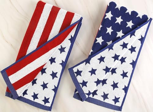 Quera 2 Pack Patriotic Hand Towels 4th of July Red Stripes White Stars Blue Cotton Bathroom Decorative Towels Set for Independence Day Home Party Decor 13.7 x 29.5