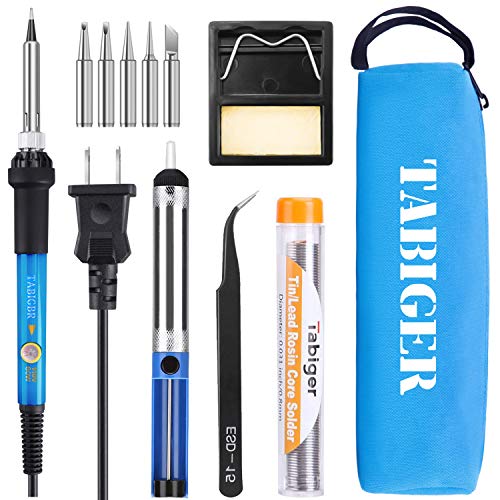 TABIGER Soldering Iron Kit Electronics 60W Adjustable Temperature Welding Tool with 5pcs Soldering Iron Tips, Soldering Iron Stand, Desoldering Pump, Solder Wire and Portable Carry Bag