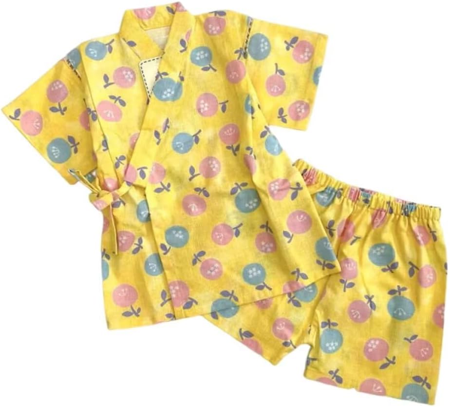 Kids Summer Japanese Style Kimono Two Piece Set Casual 100% Cotton Short Sleeve Blossom Jinbei Kimono Outfits