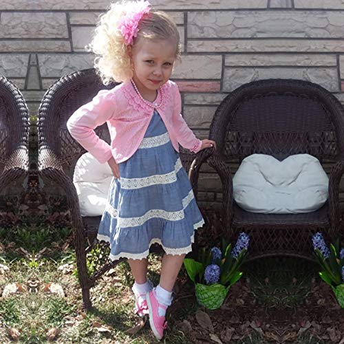 Image of Girls Long Sleeve Bolero Cardigan Shrug Beaded Lace Cotton Flower Jacket Shrug Short Cardigan Dress Cover Up (Pink, 4 /5)