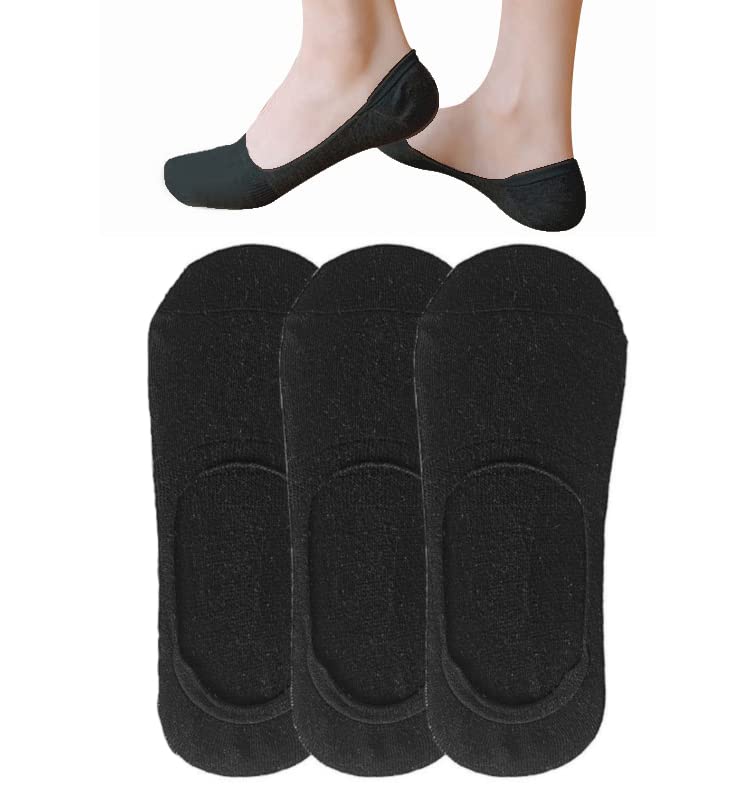 Image of Womens no show low cut liner invisible nonslip socks for flats sneakers- 80% cotton sock in white black grey & skin (Black, 8-11)