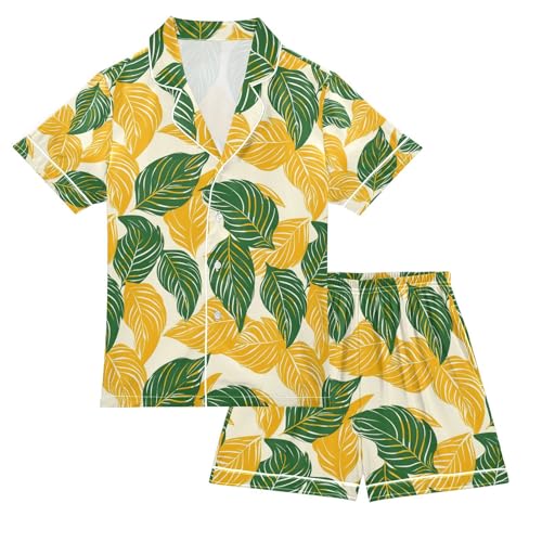 senya Yellow Leaf Satin Summer Pajama Sets Silk Short Sleeve Button Down Sleepwear