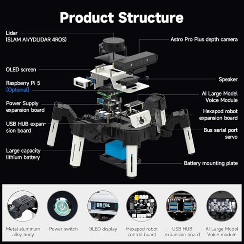 Image of Yahboom ROS2 Robotics Programming Develop Six-Legged Robots Raspberry Pi AI Large Model Voice Module, LiDAR, Servos,Supports SLAM Mapping Navigation