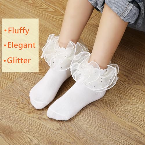 Girls Sequin Lace Ruffle Socks Double Frilly Dress Socks Toddler Turn Cuff Socks 3 Pack3