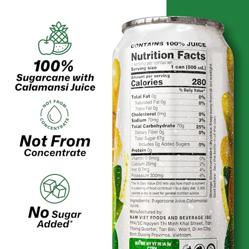Image of VINUT 100% Sugarcane with Calamansi Juice, No Added Sugar, Not From Concentrate, 16.9 fl oz (500 mL) Can, Pack of 6