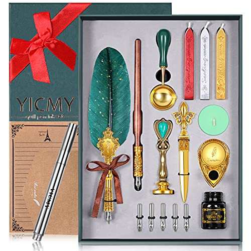 Quill Pen, YICMY Feather Pen And Ink Set Quill Pen Vintage Wax Seal Stamp Gift Set,Antique Calligraphy Writing Quill Pen Set With Ink Calligraphy Pen and Ink Set Wax Seal Stamp Set (Green)