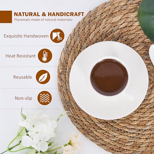 Image of Defined Deco Woven Placemats Set of 10,12 inch Round Rattan Placemats,Natural Hand-Woven Water Hyacinth Placemats,Farmhouse Weave Place Mats,Rustic Braided Wicker Table Mats for Dining Table,Home,Wedding.