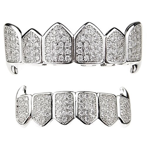 Premium Fang Grillz Set CZ Cubic Zirconia Bling Silver Tone Top & Bottom Teeth Vampire Hip Hop Grills