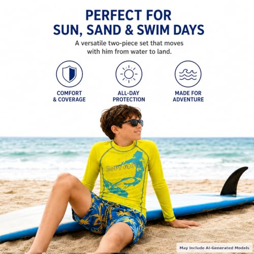 Image of Body Glove Boys Swim Set - 2 Piece Boys Swim Trunks with Rash Guard UV Protection Swimsuit Kids Bathing Suits (Sizes 4-12)