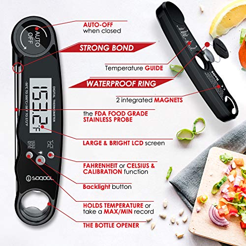 Meat Thermometer, Digital Meat Thermometer Instant Read 2 Pack, SOQOOL Instant Read Thermometer for Kitchen Cooking Food Candy Oil Deep Fry Outdoor BBQ Grill Smoker, Ultra Fast and Waterproof