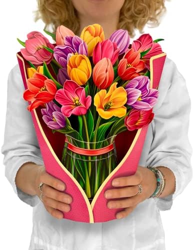 Freshcut Paper Pop Up Cards, Festive Tulips, 12 inch Life Sized Forever Flower Bouquet 3D Popup Paper Flower Easter Mother's Day Greeting Cards with Note Card and Envelope