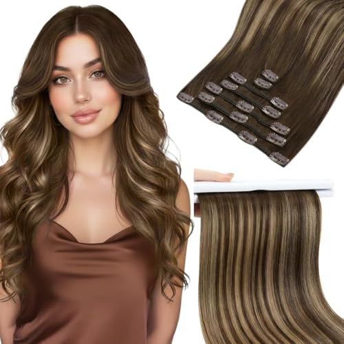 Image of Sunny Hair Clip in Hair Extensions Real Human Hair Brown Balayage 135g | Hair Extensions Clip Ins Brown Balayage Blonde Double Weft Create Natural Volume and Thick Ends for Travel Hair 20 Inch