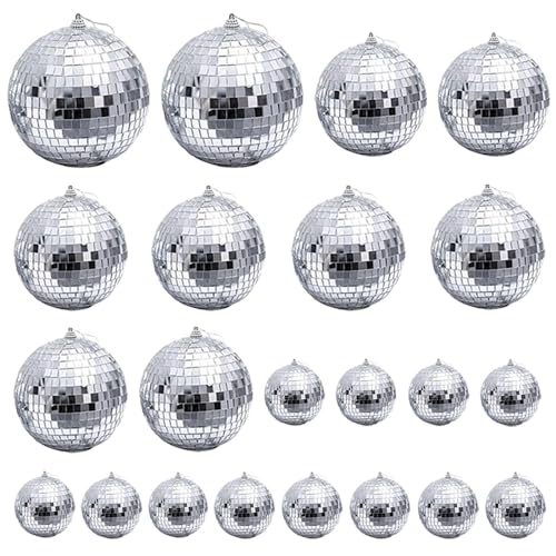 22 Palline da Discoteca in 3 Misure Argentate a Specchio, Palline per Albero di Natale, Decorazione per Casa e Feste, Effetto Luce