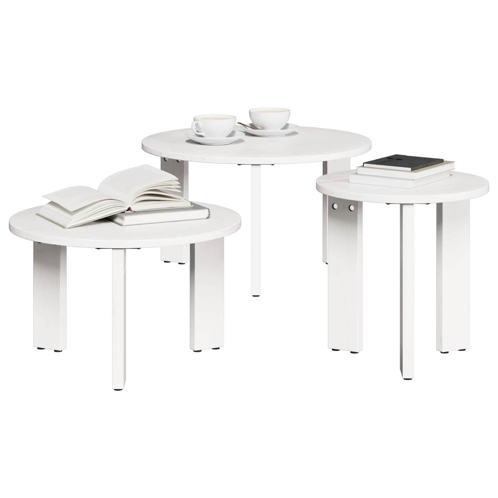 Hothingwell Couchtisch, rund, 3 Stück, massives Kiefernholz, Weiß | Steckbares Design, 3 verschiedene Größen, einfache Pflege mit feuchtem Tuch, einfache Montage