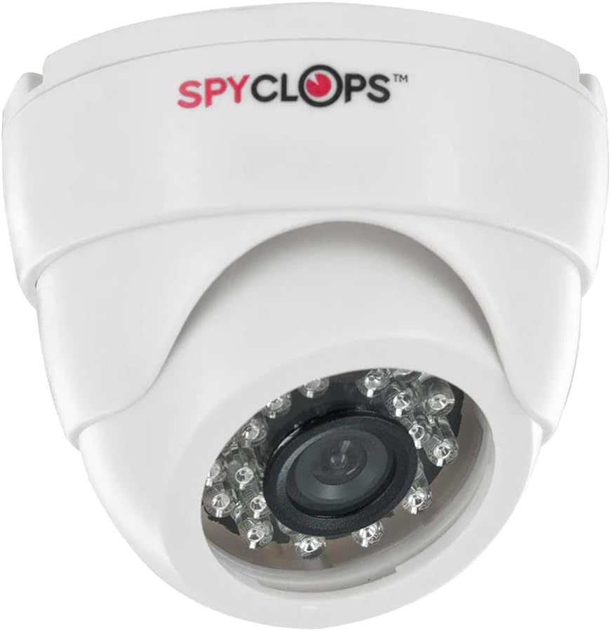 White SPYCLOPS SPY-MINIDOMEW2P CCD Mini Dome Camera with visible lens and infrared LEDs.