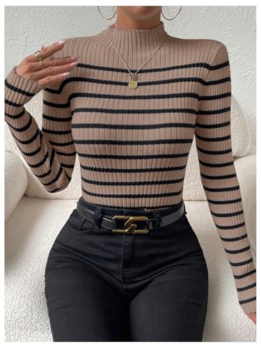 Image of MakeMeChic Women's Casual Rib Knit Striped Mock Neck Long Sleeve Pullovers Tops Slim Fitted Sweaters Brown Small