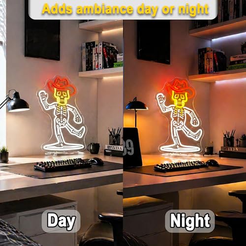 Image of Cowboy Skeleton Neon Sign for Wall Decor Skull Light Up Sign Hallowmas Led Signs for Room Party Home Wall Decor USB Powered