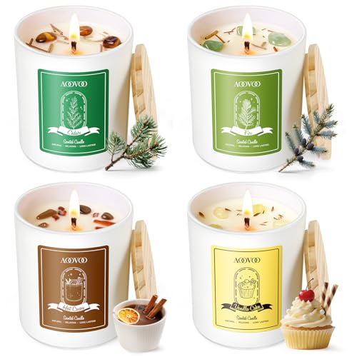 AOOVOO Holiday Candles Set for Women - 4 Pack Candles for Home Scented, Aromatherapy Candle with Crystals, 28 oz 200 Hour Long Lasting Candle, Winter Fragrance of Cedar, Fir, Hot Cocoa, Vanilla Cake