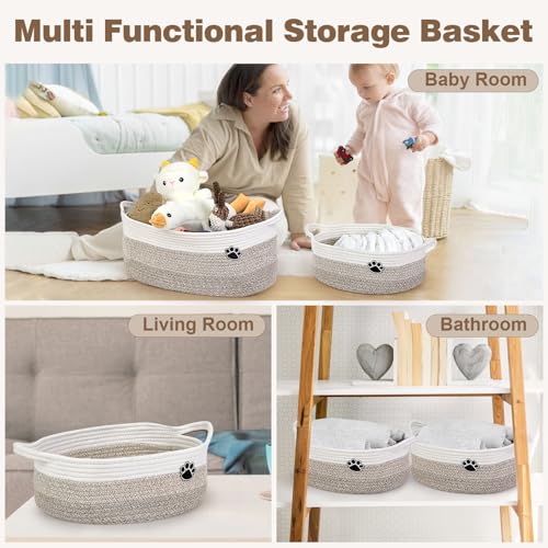 Image of Optish Dog Toy Basket, Toy Box and Bin for Dog Cat Storage, 13.5 inch X 11 inch X 5 inch Small Woven Rope Basket for Baby Storage, Closet, Living Room, White & Brown