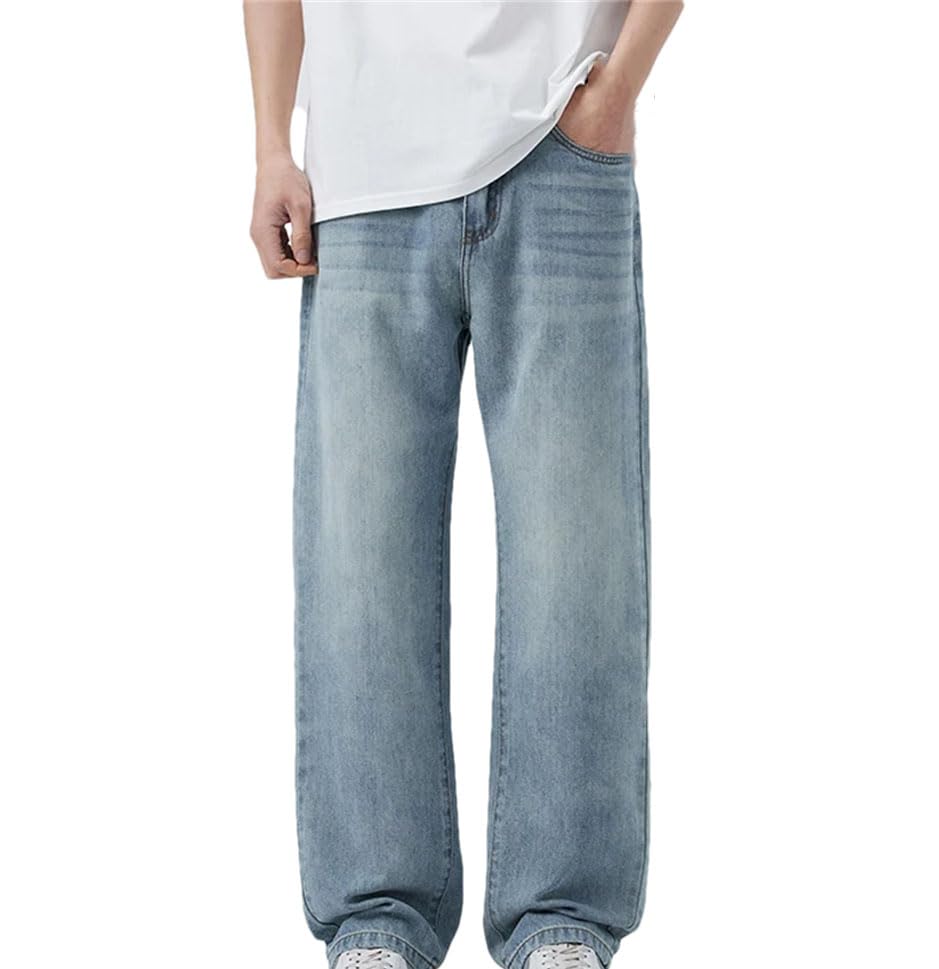 Men’S Elastic Waist Jeans Mid Waist Straight Leg Casual Pants Denim Ankle Length with Zipper Jeans