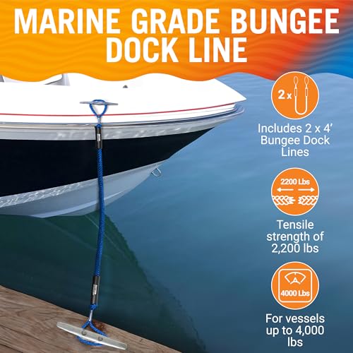 Image of 2-Pack Blue Bungee Dock Lines, Marine Grade Boat Rope, Jet Ski or PWC | Mooring Ties, Boating Accessories for Boats