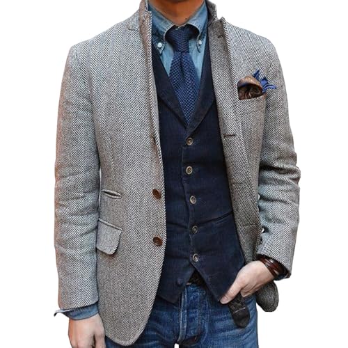 Mens Wool Herringbone Tweed Check Blazer Outwear Prom Groom Sports Jacket Casual Coat for Fall Winter