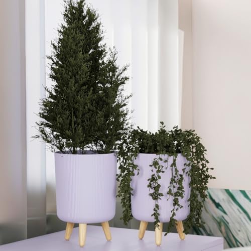 Image of StyleX Store Modern Flower Pot with Plastic Legs | Indoor Outdoor Planter for Home Garden Balcony Decor Ribbed Design Sturdy Plastic Mid-Century Style (Lavender Pack of 2)