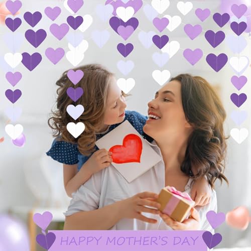 Image of Purple Party Decorations Heart Garland, 39Ft Purple Lavender White Streamers Birthday Banner Anniversary Engagement Wedding Baby Bridal Shower Bachelorette Lilac Theme Party Decor Supplies