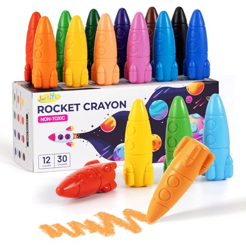 JUPITEARTH 12 Colors Crayons for Toddlers Non-Toxic Washable Rocket Crayons Easy-to-Hold Coloring Gifts & Mess-Free Art Supplies for Little Hands