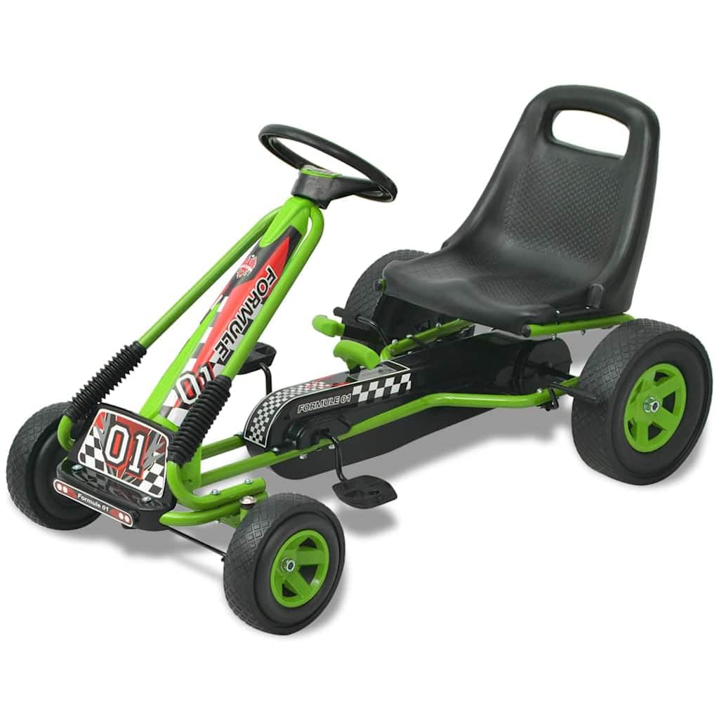 Pedal Go-Kart mit verstellbarem Sitz Grün, Kinderfahrzeug aus PP PVC Eisen, 96 x 56 x 60 cm, bis 30 kg, Pendelachse und Umschalt Freilauf für draußen und Garten