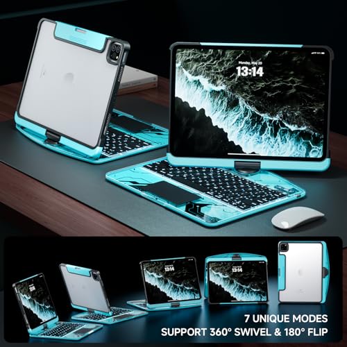 Image of Transparent Case with Keyboard for iPad 9th (7th, 8th, and 9th Gen) 10.2 Inch,with 7-Color Backlit Wireless Keyboard,360Rotatable Protective Case Multi-Touch Trackpad,with Pencil Holder,Blue