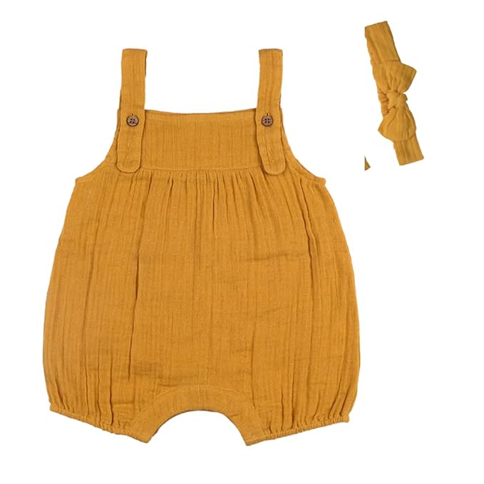 haus & kinder Crinkled Muslin Fashion Onesie with headband for Baby, Mustard