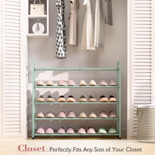 Image of Bumusty 5-Tier Expandable Shoe Rack for Closet, 18 inch-33 inch Adjustable Shoe Rack for Small Space, Small Shoe Organizer for Front Door, Sturdy Metal,Green