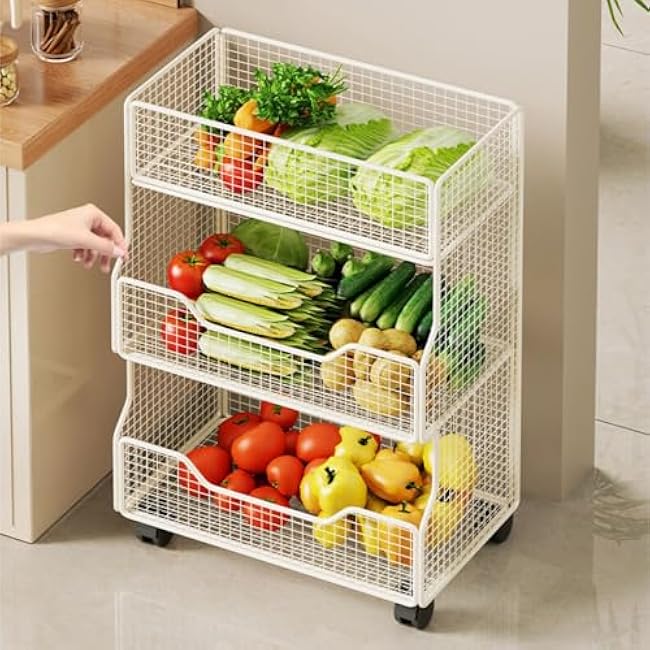 Fruit Vegetable Storage Basket with Wheels Organizer Bins for Kitchen Pantry(Gold,2 Layer)-RwJfrIyl