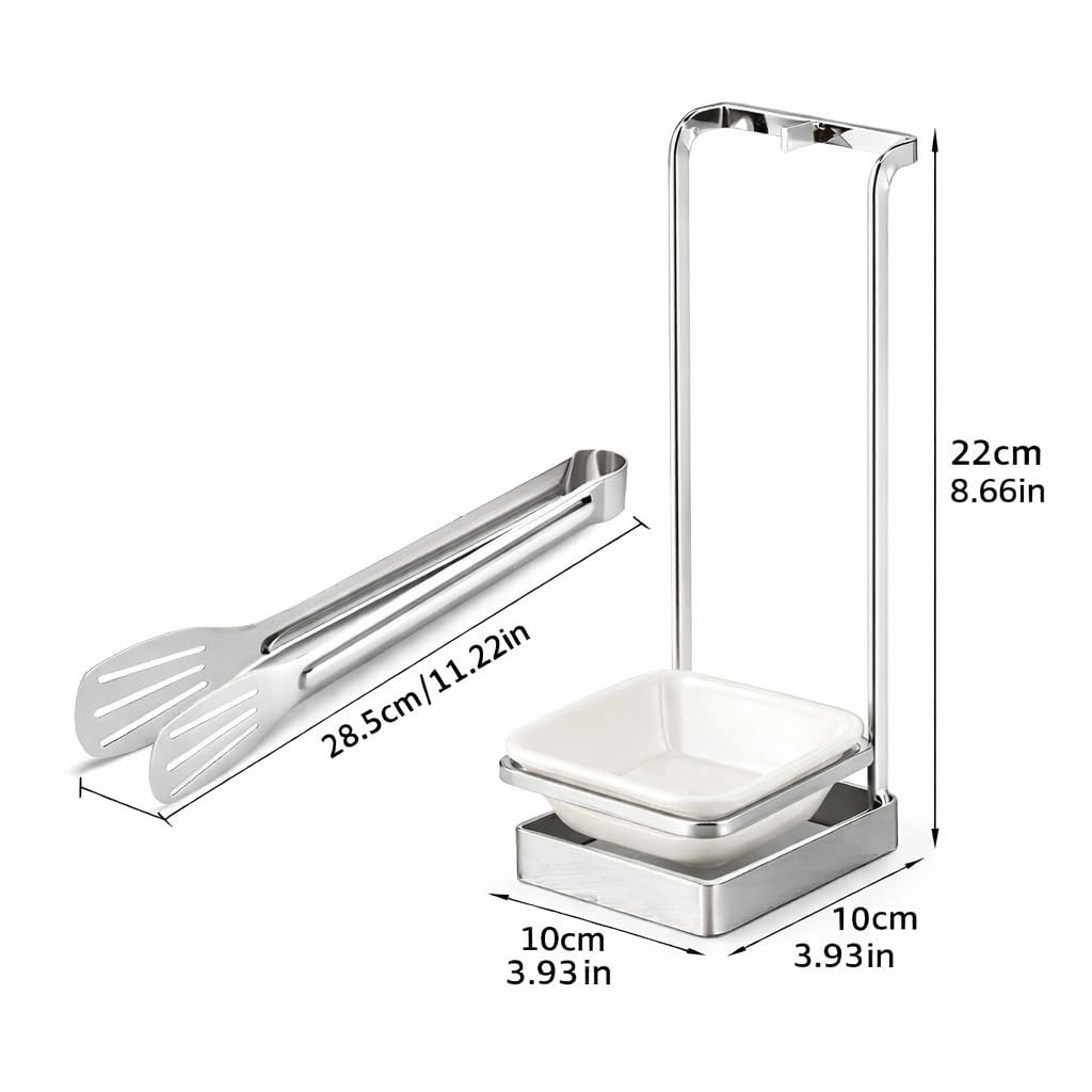 Poggiapiedi con pinza inclusa | Supporto da cucina in acciaio inox con piatto in ceramica | Design verticale antigoccia | Argento (SILVER)