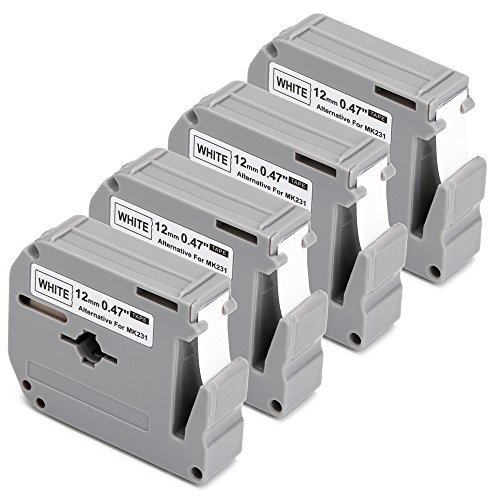 JARBO M231 Compatible Brother Label Tape MK231 M-K231 Black on White, 4 Packs, 0.47 Inch x 26.2 Feet (12mm x 8m), Used for Brother P-Touch Label Maker PT-65 PT-70 PT-70SR PT-70BM PT-90 PT-M95 Printer