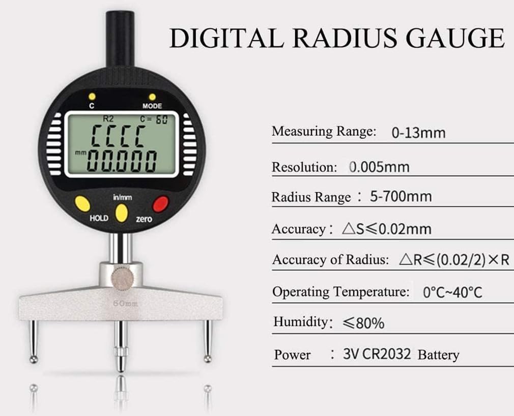Digitales Messgerät für Innen- und Außenradius mit austauschbaren Messkrallen von 10 mm / 20 mm / 30 mm / 60 mm / 100 mm, linearer Bereich 0-12,7 mm