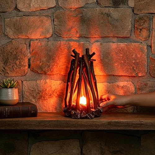 XIIWAJO LED Campfire Lamp - Handmade Wooden Campfire Night Lights with Flame Sound & 3 Lighting Modes USB Night Light Realistic Fake Fire Led Campfire Night Light for Bedroom Outdoor Decor & Gift
