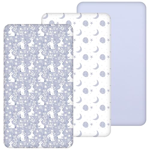 Yukkidds Reisebettlaken, 95 x 65 cm, 3 Stück, weiche und atmungsaktive Mikrofaser, Babybett-Matratzen-Bettlaken, Bettwäsche, blaues Kaninchen