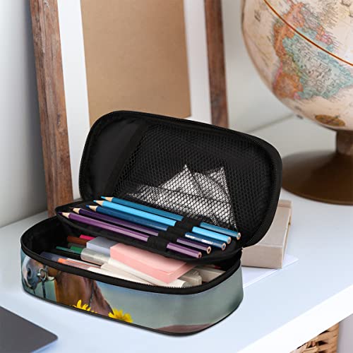 Image of Pardick Horse Sunflower Big Capacity Pencil Pen Case Horse Flower Large Pencil Pouch with Zipper Compartments Pencil Bag for Boys Girls Adults Student Office School Supplies