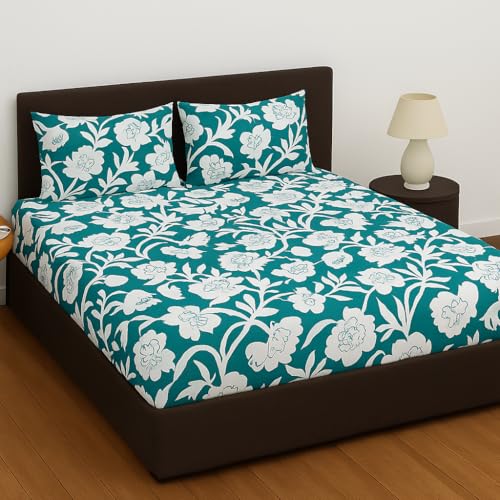 Image of Elastic Fitted Bedsheets with 2 King Size Pillow Covers | Double Bed with All Around Elastic, Size 72 x 78 x 8 Inches (Green Floral)