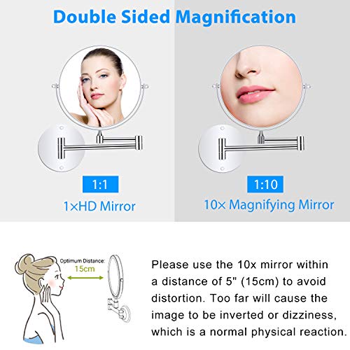 UniqueBella Shaving Mirror Wall Mounted Bathroom Mirrors Makeup Vanity Magnifying Round Mirror 10X 8 Inch Two Sided, 360° Rotatable, Extendable Arm for Bedroom