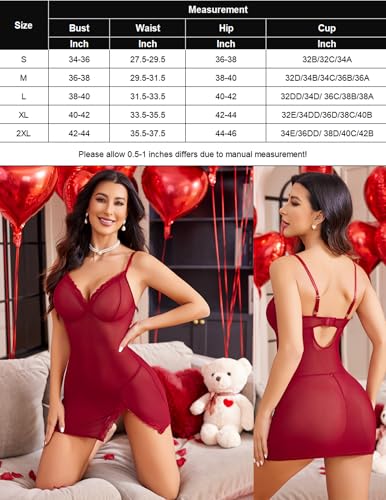 Avidlove Lingerie de Natal feminina de renda, camisola de malha, fenda lateral, preto, vinho, M, Pre