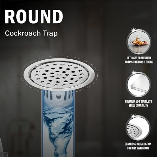 Image of Round Floor Drain Cockroach Trap 3 Inch Stainless Steel 304 Grade Waste Water Drainer in Bathtub Washbasin Sink Toilet & Kitchen Bathroom Gratings (Round Silver 3 INCH)